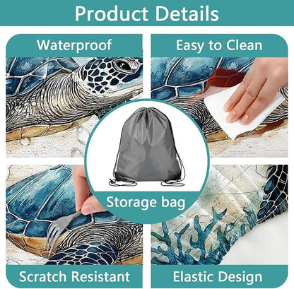 Picnic Table Cover with Bench Covers 6FT, Camping Essentials, Nautical Sea Turtle Ocean Windproof Waterproof Picnic Table Cloth, Fitted Tablecloth with Elastic Edge for Indoor Outdoor 3PCS 30x96 Inch