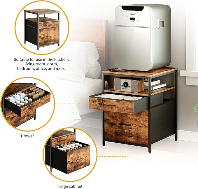 Herture Mini Fridge Stand with 3 Storage, Mini Fridge Cabinet, Beverage Fridge Table, Heavy Duty 21.3" L* 22.7" W Tabletop, for Dorm, Apartment,Office, Bedroom Rustic Brown HB01BXN