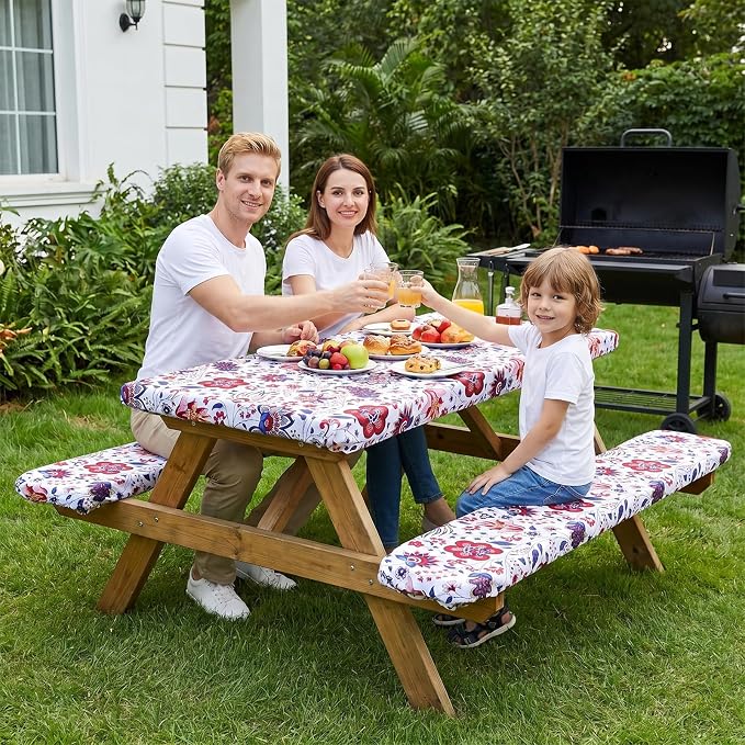 SquarePie Picnic Table Cover with Bench Covers - Waterproof Fitted Elastic Tablecloth for 6 FT Tables - Washable Polyester Camping Table Cloth for Outdoor Patio RV BBQ (Gorgeous Flowers, 30"x72")