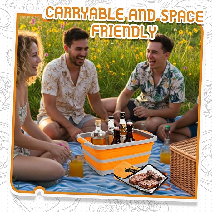 Funnymoom 2pcs Barbecue Prep Set Include Collapsible BBQ Prep Tub with Lid and Cutting Board(4.22 Gal/16l) BBQ Blanket for Resting Meat(21inch) Smoker Blanket Insulated(Orange,Classic Style)