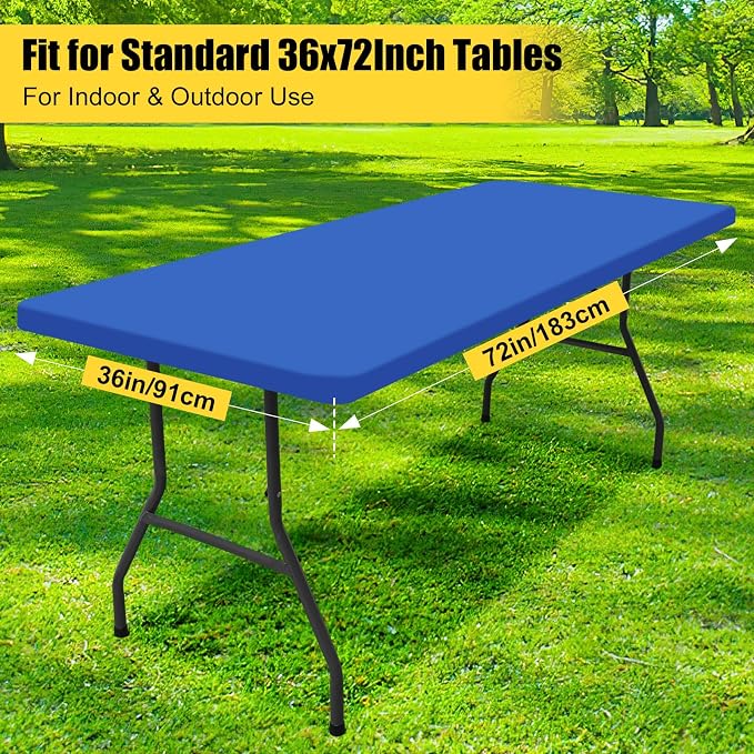 Smiry Rectangle Picnic Table Cloth, Waterproof Elastic Fitted Tablecloths for 6 Foot Tables, Washable Polyester Table Cover for Camping, Indoor and Outdoor (Blue, 36"x72")