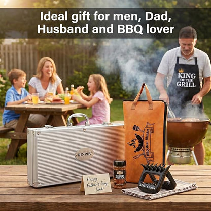 RINPIR 21pcs BBQ Grill Accessories Set with 21” Reusable Meat Blanket Black | Father’s Day Grilling Gifts for Men Dad, Stainless Steel Grill Tools Utensils Kit in Aluminum Case for Outdoor Camping