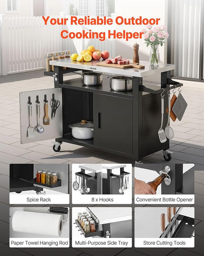 VEVOR Outdoor Grill Cart with Storage Cabinet, 53.1 Inch Grill Table, Waterproof Kitchen Island with Stainless Steel Top, Shelf, and Wheels, Movable Food Prep Station for Patio Bar Backyard BBQ