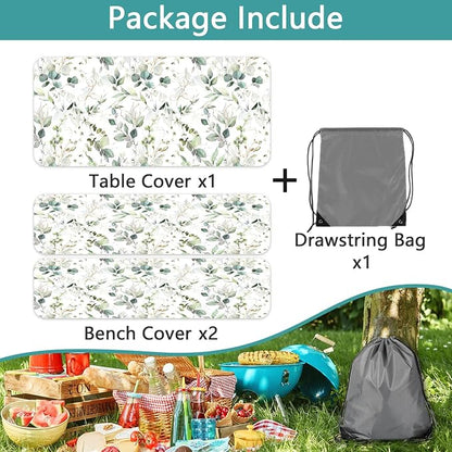 Picnic Table Cover with Bench Covers and Bag, Camping Essentials, Eucalyptus Leaves Outdoor Table Covers, Waterproof Windproof, Fitted Tablecloth Cover with Elastic Edge, 3 PCS, 30x96 Inch