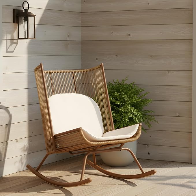 Christopher Knight Home Lumin Outdoor Rocking Chair, High Back PE Rattan Wicker Rocker with Metal Frame, Rocking Chair with Cushion, Comfort Rocker with Ergonomic Design for Patio or Lounge, Brown