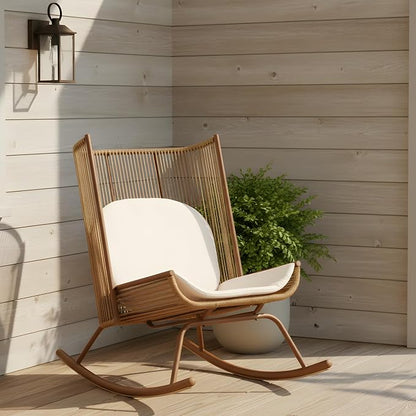 Christopher Knight Home Lumin Outdoor Rocking Chair, High Back PE Rattan Wicker Rocker with Metal Frame, Rocking Chair with Cushion, Comfort Rocker with Ergonomic Design for Patio or Lounge, Brown