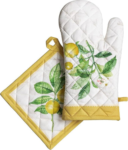 Maison d' Hermine 100% Cotton Oven Mitt & Pot Holder Set (7.5"x13" & 8"x8") | Heat Resistant BBQ Cooking Gloves with Loop Baking Grilling Kitchen Hotel Home Farmhouse Spring Summer - Limoncello