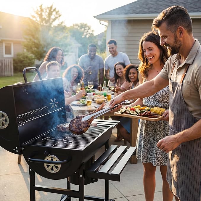 Devoko Barrel Charcoal Grill with Thermometer, Double-Layer Chrome-Plated Iron Baking Pan, Three Item Racks & Ash Catcher, Heavy Duty Outdoor BBQ Grill for Camping Backyard Patio
