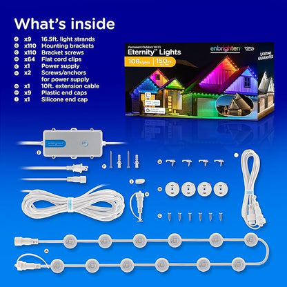 Enbrighten Eternity Permanent Outdoor Lights, 150ft with 108 RGBWIC LED Lights, App‑Controlled, Cuttable, Christmas, Accent & Year‑Round Eave Lighting, Works with Alexa & Google Home, 85102