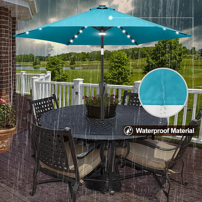 FLAME&SHADE Solar Patio Umbrella with Centre Light, 7.5 FT Aqua Blue | UV Protection, Small Solar Outdoor Umbrella for Porch, Deck, Backyard, Garden, Provides Evening Lighting, 24 LED Lights