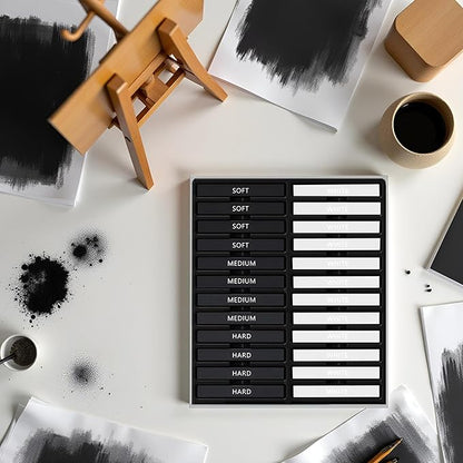 24 Pcs Compressed Charcoal Sticks with Soft, Medium, Hard and White Charcoal, Square Charcoal Stick Kit for Drawing, Sketching and Shading (12 Black and 12 White)