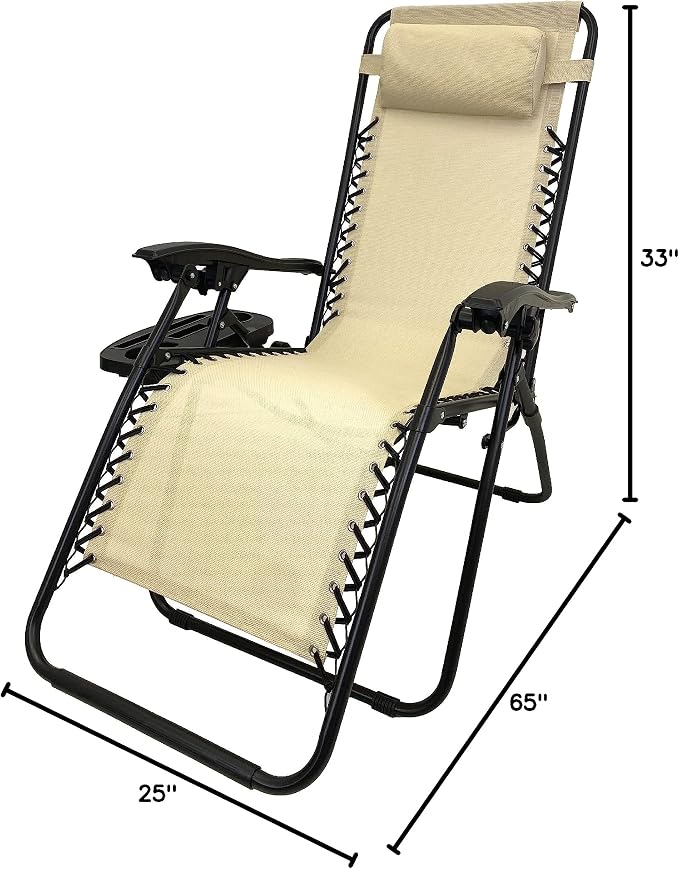 EasyGo Product Zero Gravity Lawn Lounge Pillow and Cup Holder Furniture Outdoor Adjustable Dining Reclining Folding Chairs for Deck Patio Beach Yard, 1 Pack TAN