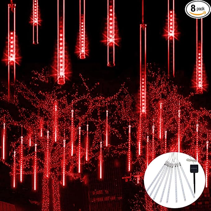 JMEXSUSS Red Solar Christmas Lights Outdoor, 8 Tube 144 LEDs Solar Meteor Shower Rain Lights, Red Twinkle Light for Tree Eaves Fence Christmas Decorations