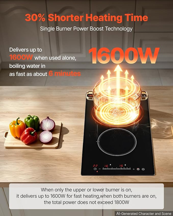 VEVOR Electric Cooktop 12inch 2 Burners Portable Stove Top 1800W 120V, Ceramic Countertop/Built-in Radiant Electric Stove, with 16 Power Levels, Timer, Child Lock, Over-Heat Guard, Touch Control
