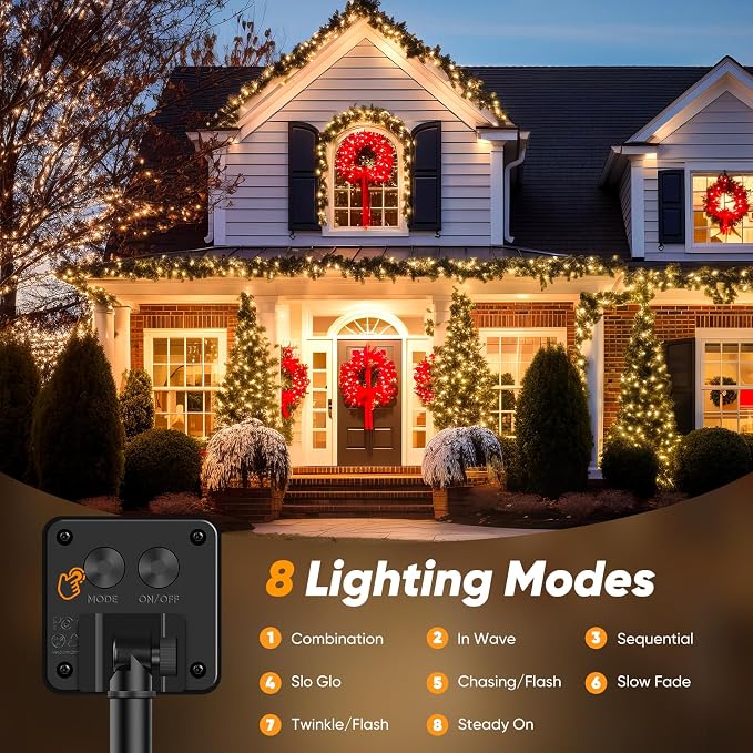 2-Pack Solar String Lights Outdoor Waterproof, 92FT 240 LED Solar Lights Outdoor with 8 Lighting Modes, Solar Powered Tree Light for Outside Patio Yard Garden Decorations, Warm White