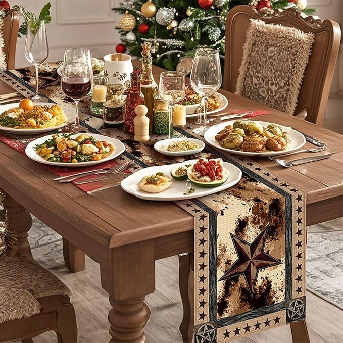 Cow Print Stars Table Runner,Dining Decor for Kitchen Coffee Table Family Dinners Holiday Parties Wedding Events Decor(13x72 inch)