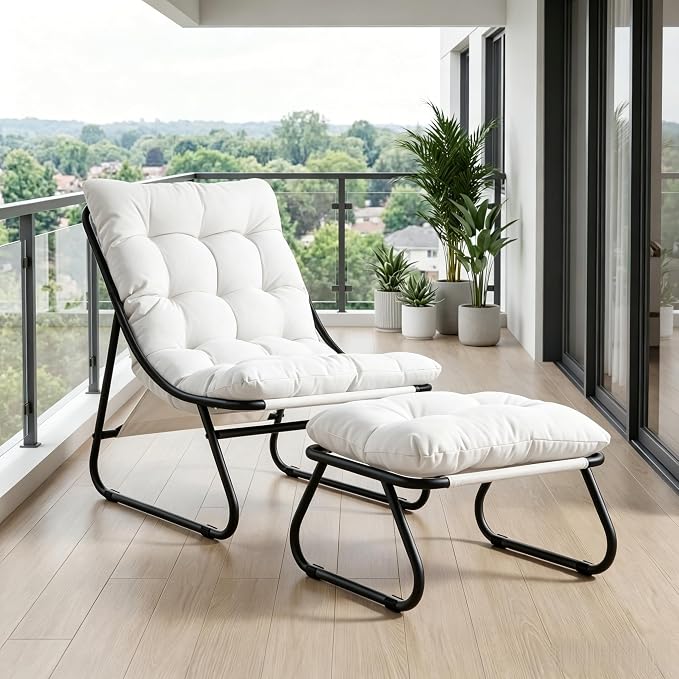Rocking Chair with Ottoman, Modern Metal Frame Outdoor Rocker, Comfy Patio Lounge Chair with Footrest, Reading Glider Chairs for Living Room, Bedroom, Balcony, Garden, Relax, White