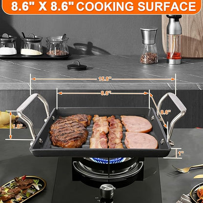 8.6 Inch Stove Top Cast Iron Grill Pan, Medium Pre-Seasoned Ribbed Skillet with Stainless Steel Handle, Square Grill Pan for Gas Grill, Camping, BBQ, One Burner Cookware