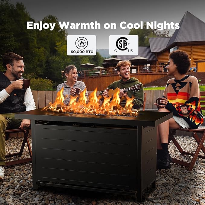 Ciays 43″ Fire Pit Table with Glass Beads & Lid, CSA-Certified Gas Fire Pit with Cup Holders, Hanging Shelf & Nylon Cover, Large Outdoor Fire Pit for Patio/Porch/Deck, 60,000 BTU Heat Output, CIFPT9B