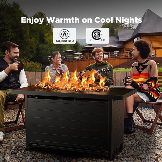 Ciays 43″ Fire Pit Table with Glass Beads & Lid, CSA-Certified Gas Fire Pit with Cup Holders, Hanging Shelf & Nylon Cover, Large Outdoor Fire Pit for Patio/Porch/Deck, 60,000 BTU Heat Output, CIFPT9B
