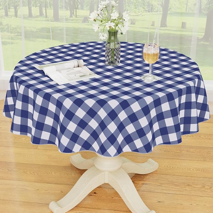 Smiry Picnic Table Cloth, Vinyl Tablecloths with Flannel Backing, 60" Round | Waterproof Picnic Table Cloth, Wipeable Buffalo Plaid Table Cover for Indoor and Outdoor (Navy & White)