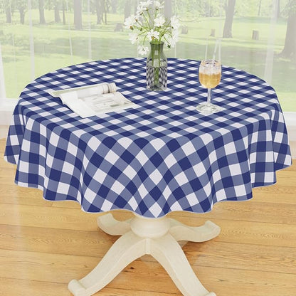 Smiry Picnic Table Cloth, Vinyl Tablecloths with Flannel Backing, 60" Round | Waterproof Picnic Table Cloth, Wipeable Buffalo Plaid Table Cover for Indoor and Outdoor (Navy & White)