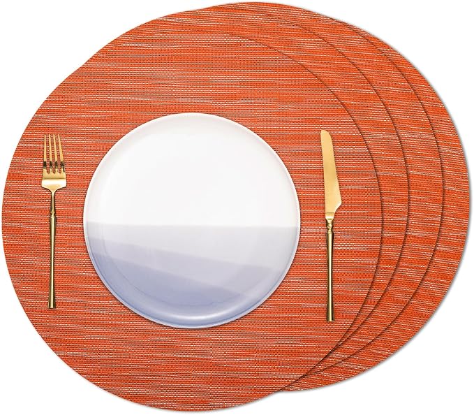 15 Inch Round Placemats Set of 4, Washable Vinyl Woven Place Mats | Heat Resistant Non-Slip Braided Table Mats for Dining Table Kitchen Indoor & Outdoor Use (Orange, Set of 4)