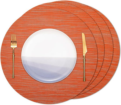 15 Inch Round Placemats Set of 4, Washable Vinyl Woven Place Mats | Heat Resistant Non-Slip Braided Table Mats for Dining Table Kitchen Indoor & Outdoor Use (Orange, Set of 4)