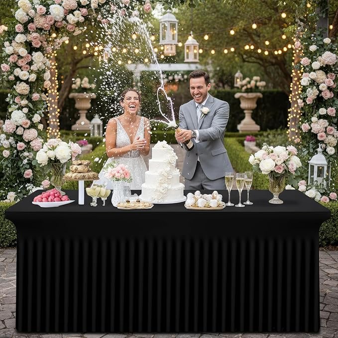 Smiry Spandex Elastic Fitted Table Cloth Skirt for 4FT Rectangle Table | Stretch Washable Table Cloth, Banquet Table Cover for Wedding, Party, Indoor & Trade Shows, (Black, 48Lx24Wx30H)