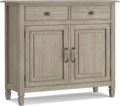 SIMPLIHOME Connaught 40" Wide Solid Wood Cabinet in Distressed Grey | Traditional slim entryway and living room organizer for hats, gloves, shoes and keys with space-saving storage design.