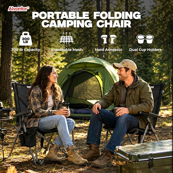 Alvantor® Camping Chair, Full Mesh Folding Beach Chair Breathable High Back Portable Lawn Chair for Outdoor, Armrest, Cup Holder, Easy Use Seat for Travel, Fishing, Pinic, Sports Event, 24"x31"x38"