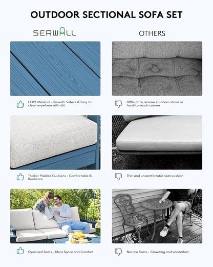 SERWALL HDPE Patio Sofa Set, 4-piece Sectional Outdoor Furniture Set, All Weather Outdoor Couch Set Patio Furniture Set for Deck, Lawn, Blue Frame with Khaki Cushion