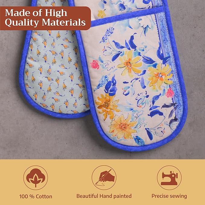Maison d' Hermine Double Oven Mitts 100% Cotton 7"x35" Double Oven Mitt Heat Resistant BBQ Cooking Gloves with Loop Baking Grilling Kitchen Hotel Home Farmhouse Spring Summer (Girassol)