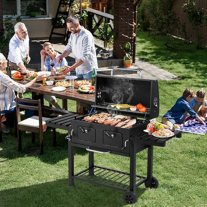 61.5in Outdoor BBQ Grill,Large Camping Barbecue Grill,Outdoor Cooking Charcoal Grills,Portable Vertical BBQ Grills,with Foldable Side Tables & Wheels,for Garden Patio Beach Backyard (Black)