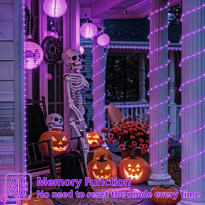 YEGUO Solar Halloween Lights Outdoor Waterproof, 66ft 200 LED Purple Solar Rope Lights, 8 Modes Fairy Lights in Clear Thin Tube