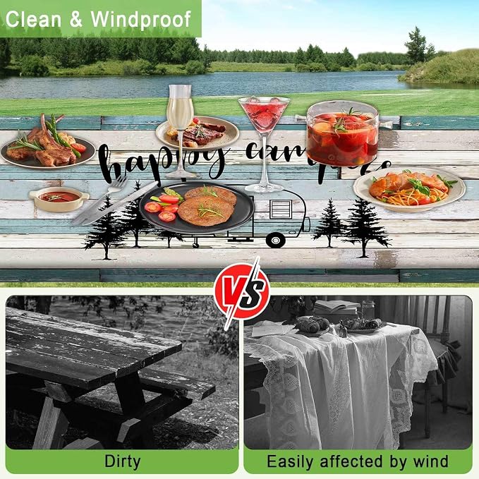 JAWO RV Camper Picnic Table Cover with Bench Covers, Camper Camping RV Essentials Gear Supplies Outdoor Waterproof Windproof Tablecloth with Elastic, 72in