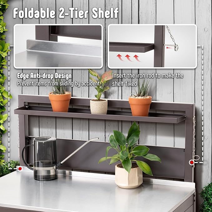 Feasto Outdoor Potting Bench Table with Storage Cabinet, Stainless Steel Garden Workstation, Raised-Edge Top, Adjustable Shelf & Removable Hutch for Patio, Balcony & Outdoor Workspace, Brown