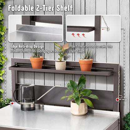 Feasto Outdoor Potting Bench Table with Storage Cabinet, Stainless Steel Garden Workstation, Raised-Edge Top, Adjustable Shelf & Removable Hutch for Patio, Balcony & Outdoor Workspace, Brown