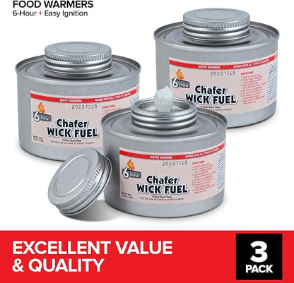 6-Hour Food Warmers for Parties (3 Pack), Chafing Fuel Cans with Wick and Safety Twist Cap, Catering Food Warmers for Buffets, Parties, Weddings, Long Lasting Burners for Food Warmer, Food Heater