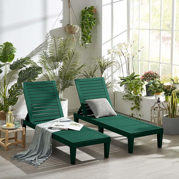 Nestl Sun Tanning Chair - Forest Green Chaise Lounge Chair Outdoor, Lightweight Pool Lounge Chairs Set of 2, Adjustable 5-Position Reclining Lawn Chair, Waterproof Beach Outdoor Lounge Chairs
