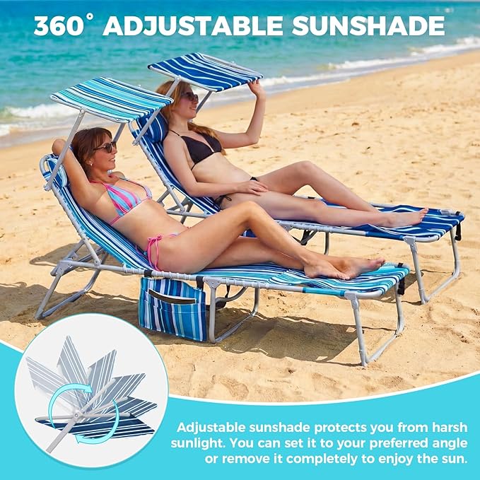 #WEJOY 3 in 1 Tanning Chair with Face Hole and Canopy, 5-Position Folding Face Down Lounge Chairs for Outside Beach Pool, 300lbs Heavy Duty Portable Sun Lounger with Pillow & Storage Bag (Blue White)