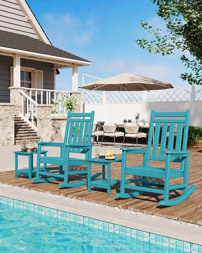 HDPE Rocking Chair Outdoor Set of 2 with Side Table - Poly High Back Porch Rocker Chairs for Adults - All Weather Resistant Furniture for Patio Front Porch - Lake Blue