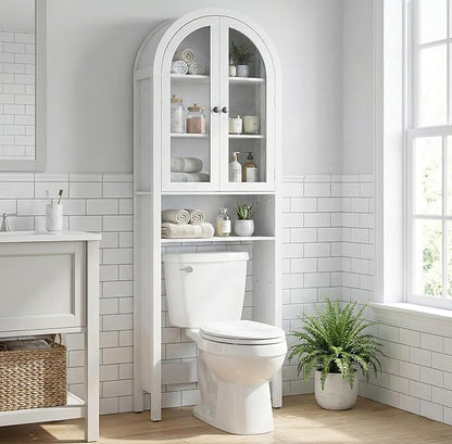 White Over The Toilet Storage Cabinet with Acrylic Doors, 4 Tier Small Bathroom Shelf Organizer, Arched Bathroom Cabinet with Adjustable Shelf, Slim Narrow Toilet Rack, Wood, Anti-Tipping Device