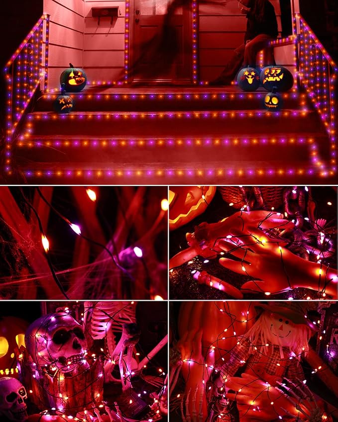 Brizled 2 Pack 50 LED Purple & Orange Halloween Lights Battery Operated | 8 Modes Twinkle Halloween Lights with Timer, Spooky Orange and Purple Halloween Fairy Lights Black Wire Indoor Outdoor Tree