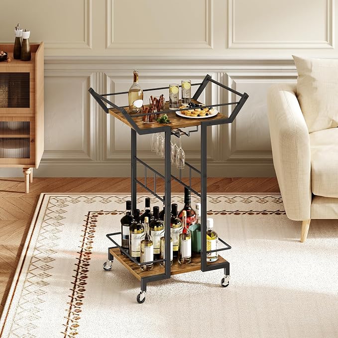 Bar Cart, 3-Tier Serving Cart with Wine Glass Rack, Drink Cart with Wheels, Rolling Beverage Cart, for Living Room, Party, Rustic Brown BC10BR