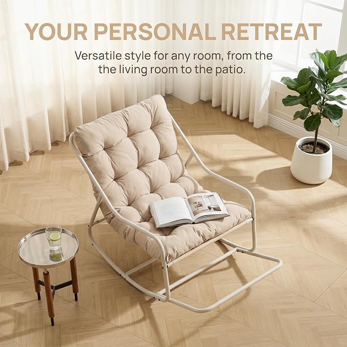 Outdoor Rocking Chairs, Metal Frame Outdoor Rocker with Footrest, Comfy Oversized Patio Chair with Thick Cushion, Reading Glider Lounge Chair for Living Room, Bedroom, Garden, Relax, Beige