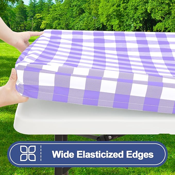 Smiry Picnic Table Cloth 2 Pack, Waterproof Elastic Fitted Tablecloths for 8FT Rectangle Tables, Washable Polyester Buffalo Plaid Tablecloth for Camping, Dining & Outdoor (Purple & White, 30" x 96")