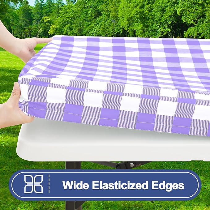 Smiry Picnic Table Cover with Bench Covers, Waterproof Elastic Fitted Tablecloths for 6 Foot Rectangle Tables, Washable Buffalo Plaid Tablecloth for Camping, Outdoor (Purple & White, 30"x72")