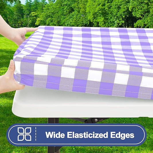 Smiry Picnic Table Cloth 2 Pack, Waterproof Elastic Fitted Tablecloths for 4FT Rectangle Tables, Washable Polyester Buffalo Plaid Tablecloth for Camping, Dining & Outdoor (Purple & White, 30" x 48")