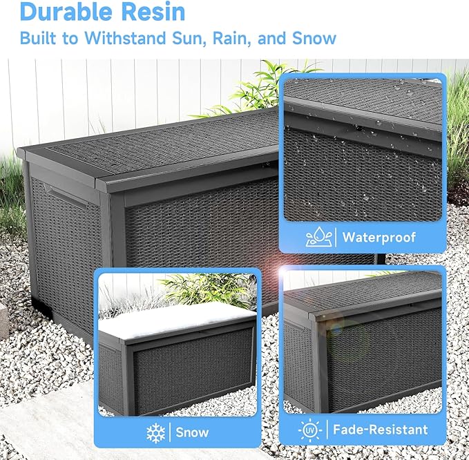 Pepe Tee Waterproof Resin Deck Box, Outdoor Storage Bin for Patio Furniture Cushions, All-Weather Garden Organizer & Seating Bench, Black